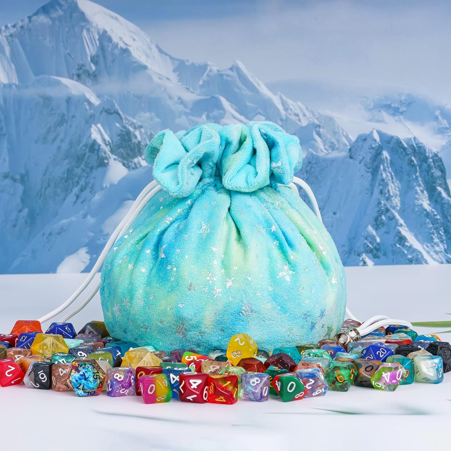 DND Dice Bags Large, Cyan Dice Storage Bag Star Pattern with Pockets, for D&D RPG Game - Capacity 200+ Die