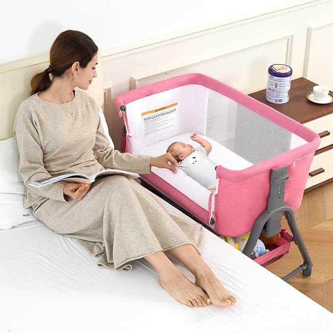 Real Relax Baby Bassinet Bedside Sleeper, 3 in 1 Bedside Crib with 6 Adjustable Height and Mosquito Nets, Portable Bedside Bassinet for Baby with Wheels, Easy to Fold, Included Mattress, Pink