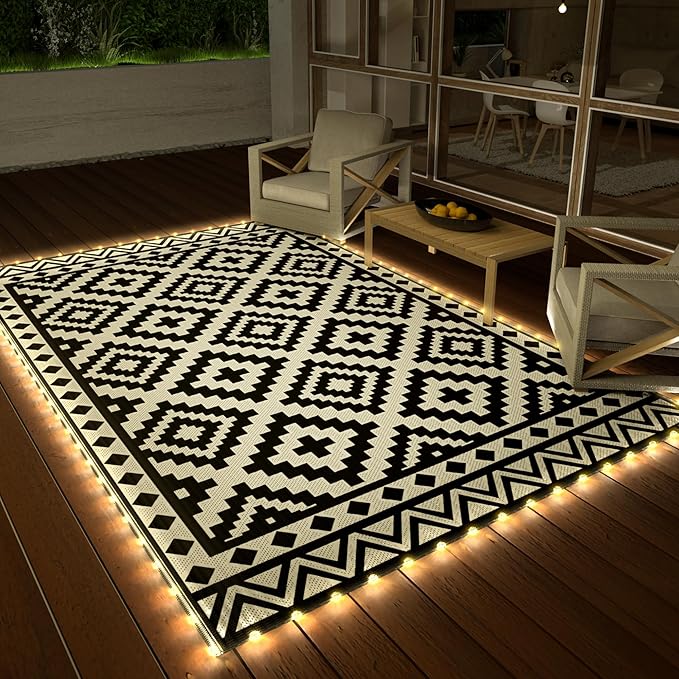 HAUSHOF 5'X8' Outdoor Rug Waterproof with LED Strip Light, Reversible Outdoor Plastic Straw Rug, Patio Rug with 4 Rug Stak...
