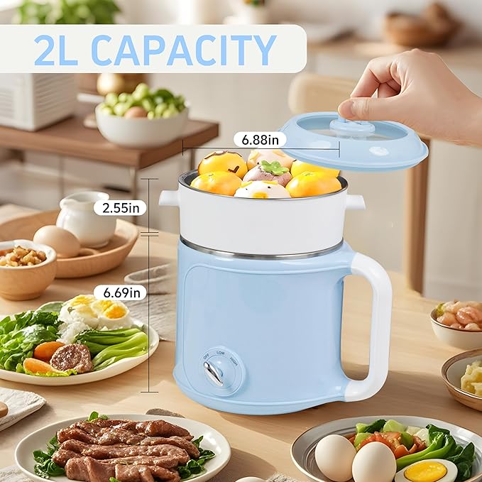 Hot Pot Electric with Steamer，2.0 L Ramen Cooker，Mini Portable Hot Pot for Cooking,Pasta, Shabu-Shabu, Oatmeal, Soup and Egg, Electric Cooker for Dorm, Office（Blue）