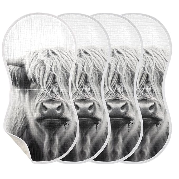 Muslin Baby Burp Cloths Set of 2, Soft Absorbent Highland Cow Muslin Washcloths, Bibs, Face Towel for Newborn Boys Girls, 22 x 11 Inch