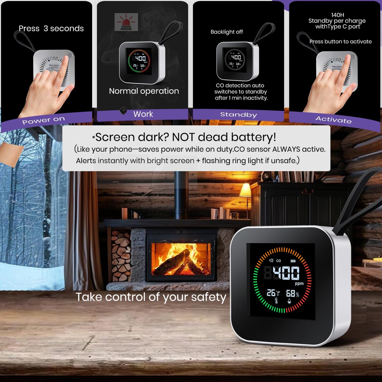 NEXUS SENSUS 3-in-1 Portable Carbon Monoxide Detector for Travel – UL-Compliant CO Alarm with Temperature and Humidity Monitor, USB-C Rechargeable for RV, Hotel, Camping(1, Silver)
