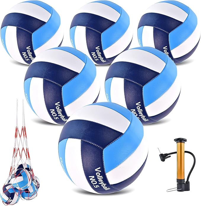 ELKCIP 6 Pack Volleyballs Official Size 5, Waterproof Soft Bulk Recreational Volley Balls with Pump and Net Bag for Indoor...