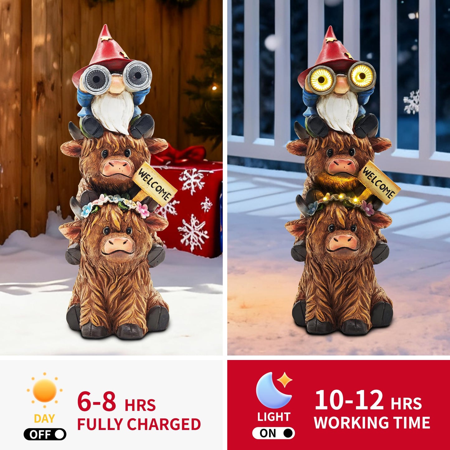 Cffownug Christmas Garden Gnomes Outdoor Statue: 11 Highland Cow Decor With Welcome Sign Funny Triple Yard Decorations With Solar Light Unique Birthday Gifts For Women Mother Grandma
