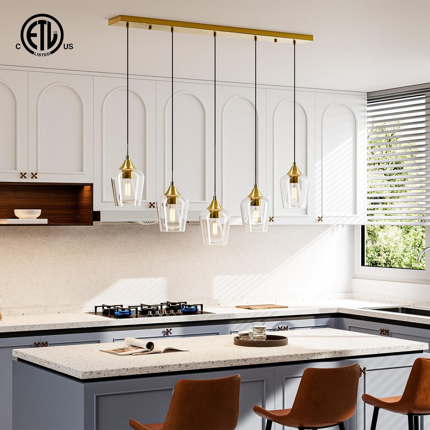 Vonluce 5-Light Pendant Light Kitchen Island  Pendant Light Fixture With 10-55 Height  Modern Pendant Lighting With Wine Glass Shades For Living Room Hallway  Brushed Gold  Etl Certificated