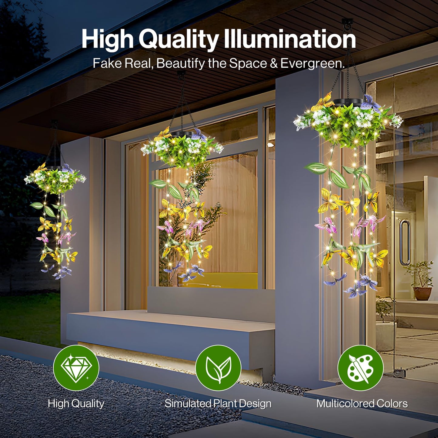 Solar Hanging Garden Lights - 2 Pack  Artificial Butterfly & Flower Led Fairy String Lights  Ip65 Waterproof Outdoor Festive Decor For Patio  Porch  Garden  Yard  Warm Gift For Mom  Family & Friends