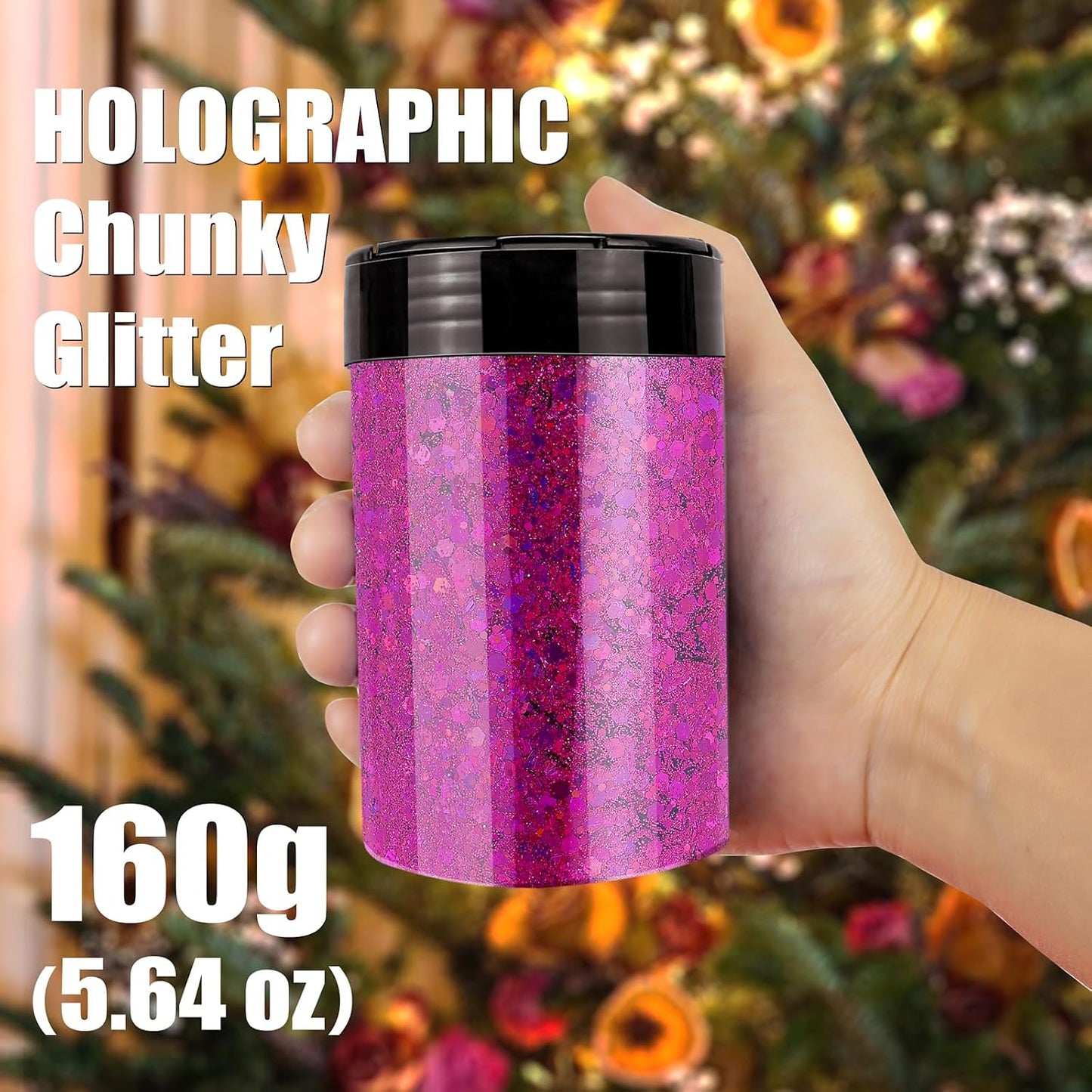 Holographic Chunky Glitter, 5.64oz/160g Craft Glitter Powder Mixed Chunky & Fine Flakes, Iridescent Sequins for Nail Art, Hair, Body, Eye Epoxy Resin, Tumblers, Painting, Festival Decor (Fuchsia)