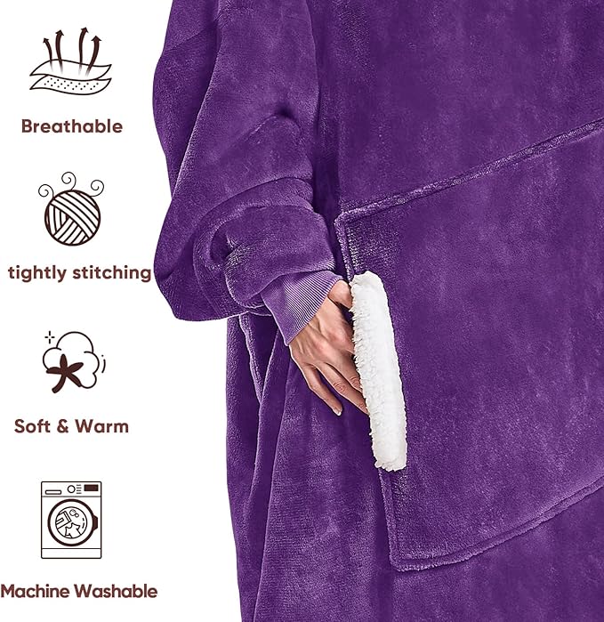yescool Wearable Blanket Hoodie, Flannel Sherpa Fleece Blanket Sweatshirt for Adults Women Men,One Size Fits All