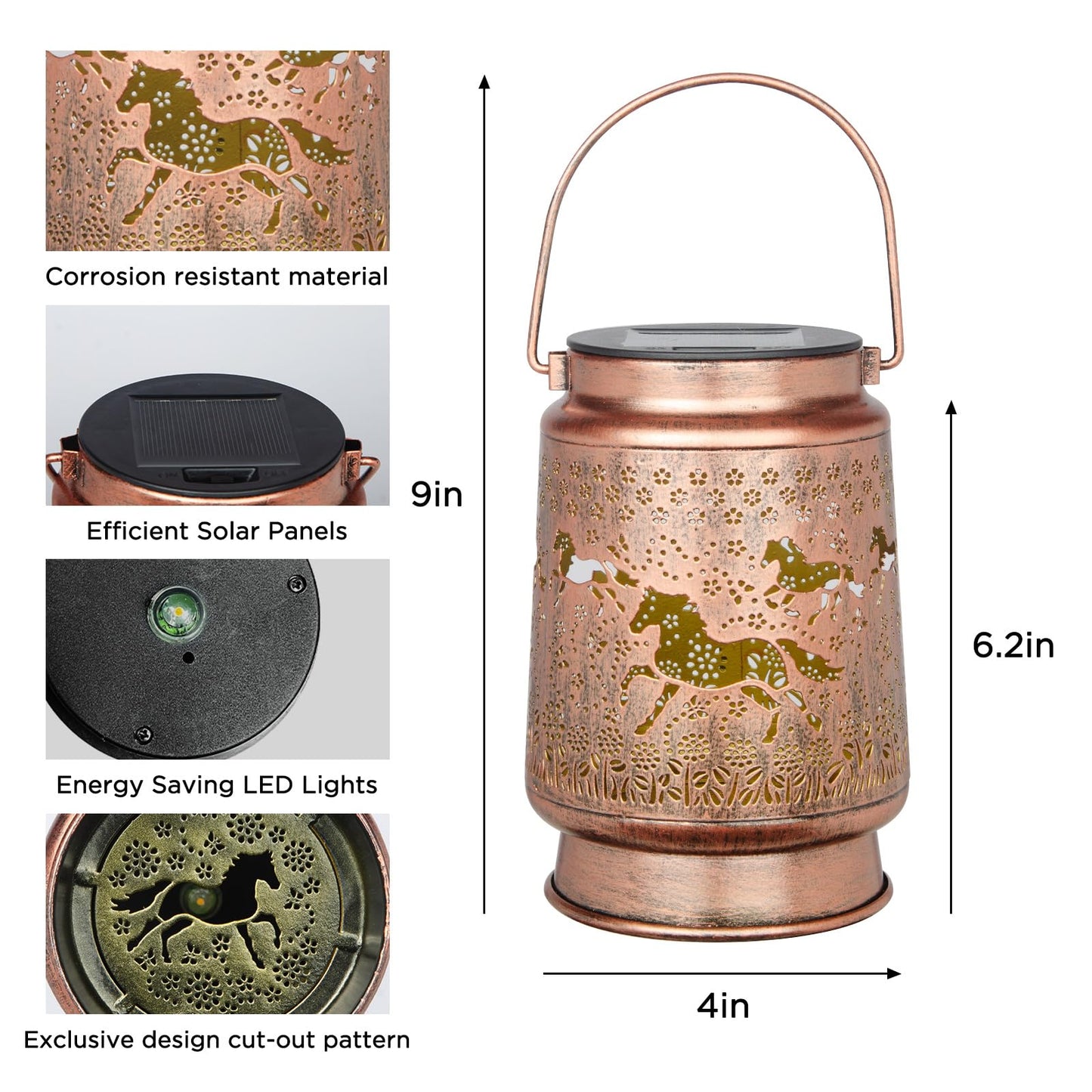 KIKUSUI Solar Lanterns for Outdoor Decor, Metal LED Lanterns, Warm White Horses, Model D7-DL12