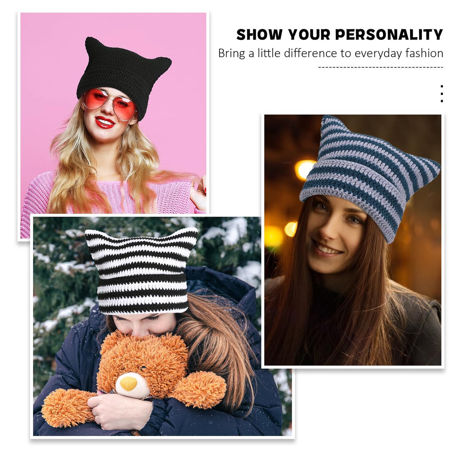 DANMY Women's Winter Beanie, Soft Knit Lazy Cat Ear Beanie, Black