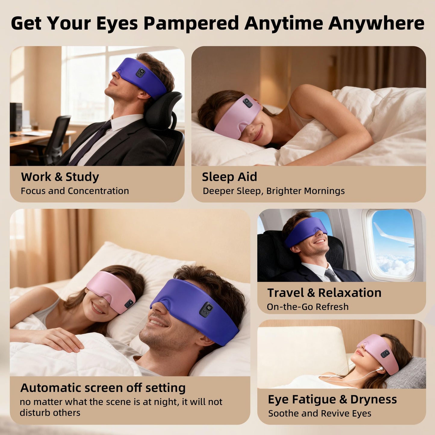 Heated Eye Mask for Dry Eyes, Cordless Warm Eye Compress 120-Min Battery, Eye Strain Relief, Washable Silk Travel Eye Mask with Extra Cover for Better Sleep (Pink & Purple)