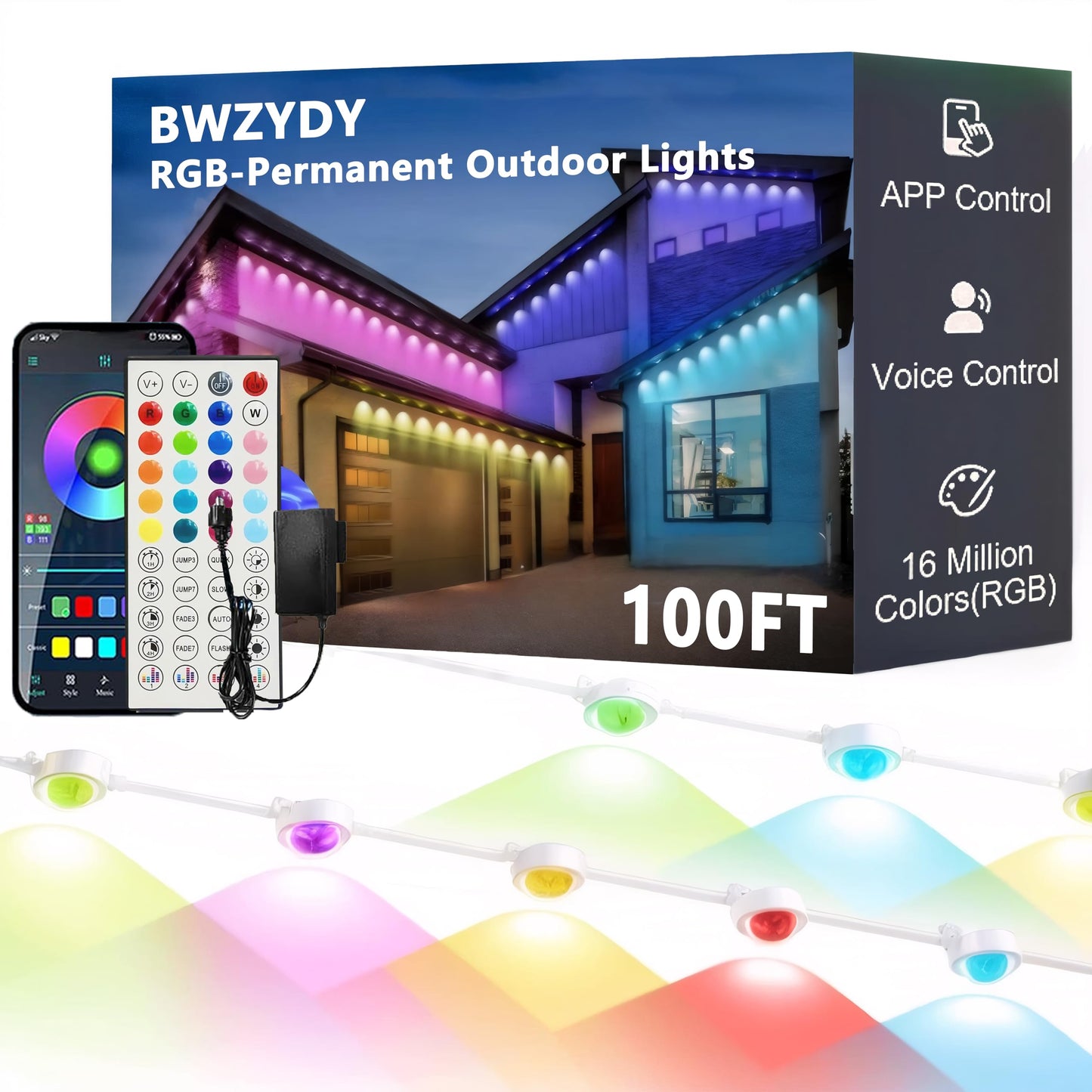 BWZYdy RGB Outdoor LED Eaves Lights, 100FT IP67 Waterproof, Smart App/Remote Control, 112 Color Combinations, Model Light001