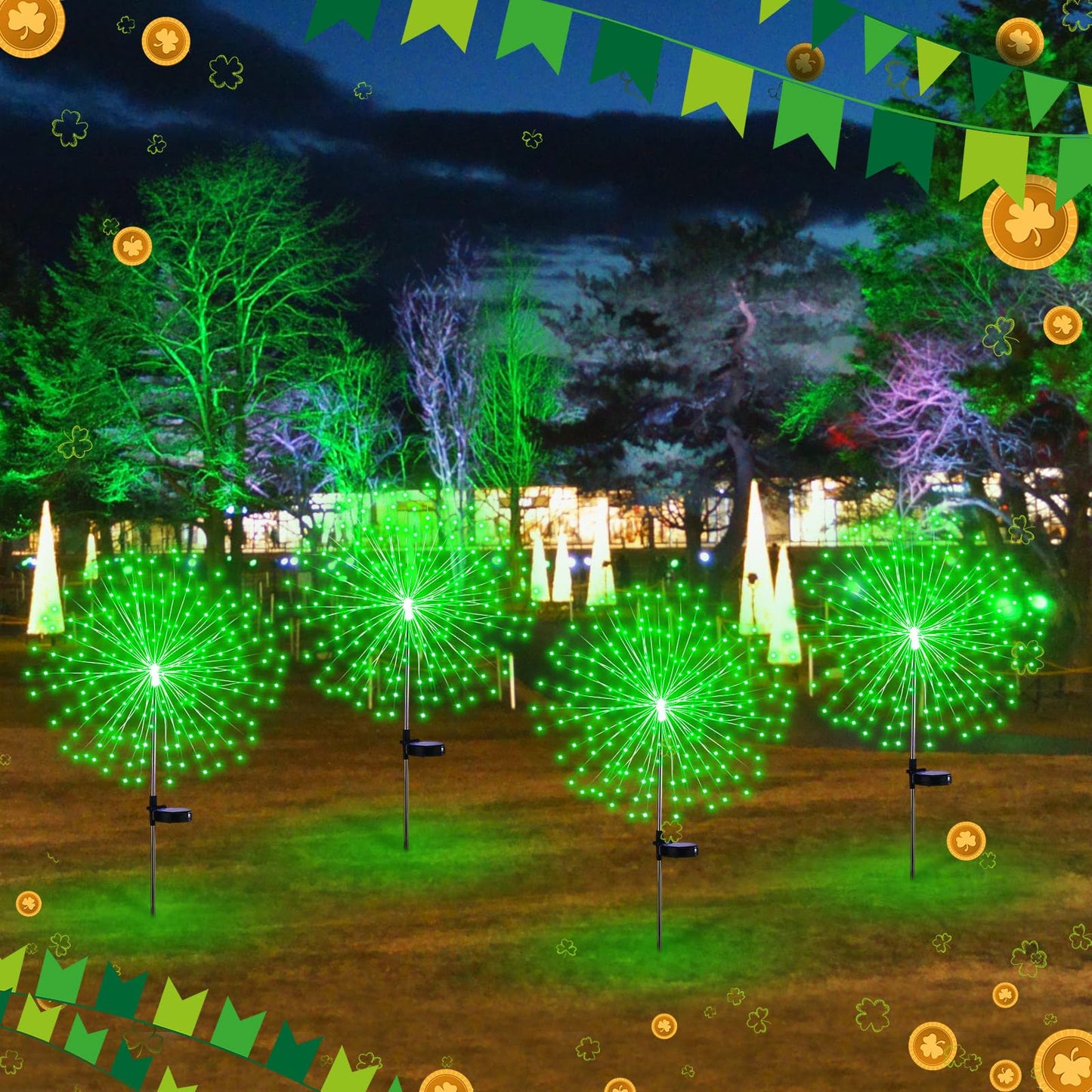 Tujoe 4 Pcs St Patricks Day Solar Lights Solar Firework Lights Decoration 180 LED 8 Modes Waterproof LED Stake Sparkler Decor for Irish Walkway Pathway Driveway Garden Patio Yard Lawn(Green)