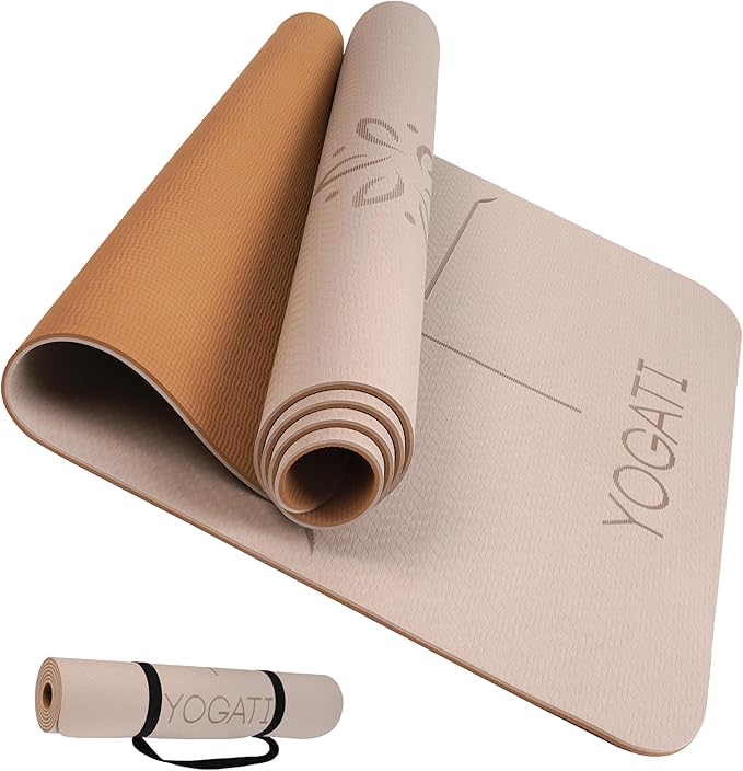 YOGATI® Yoga Mat with Strap with Alignment Lines. Home Workout Mat for Women, Men and Kids. Thick Non Slip Yoga Mat for Pi...