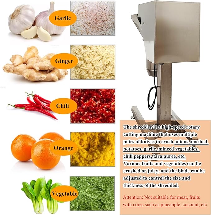 Fruit and Vegetable Crushing Machine Vertical Stainless Steel Food Processor Chopper Fruit Crusher Shredder Electric Garlic Potato Mashing Equipment for Purees Dips and Sauces 220V No Plug