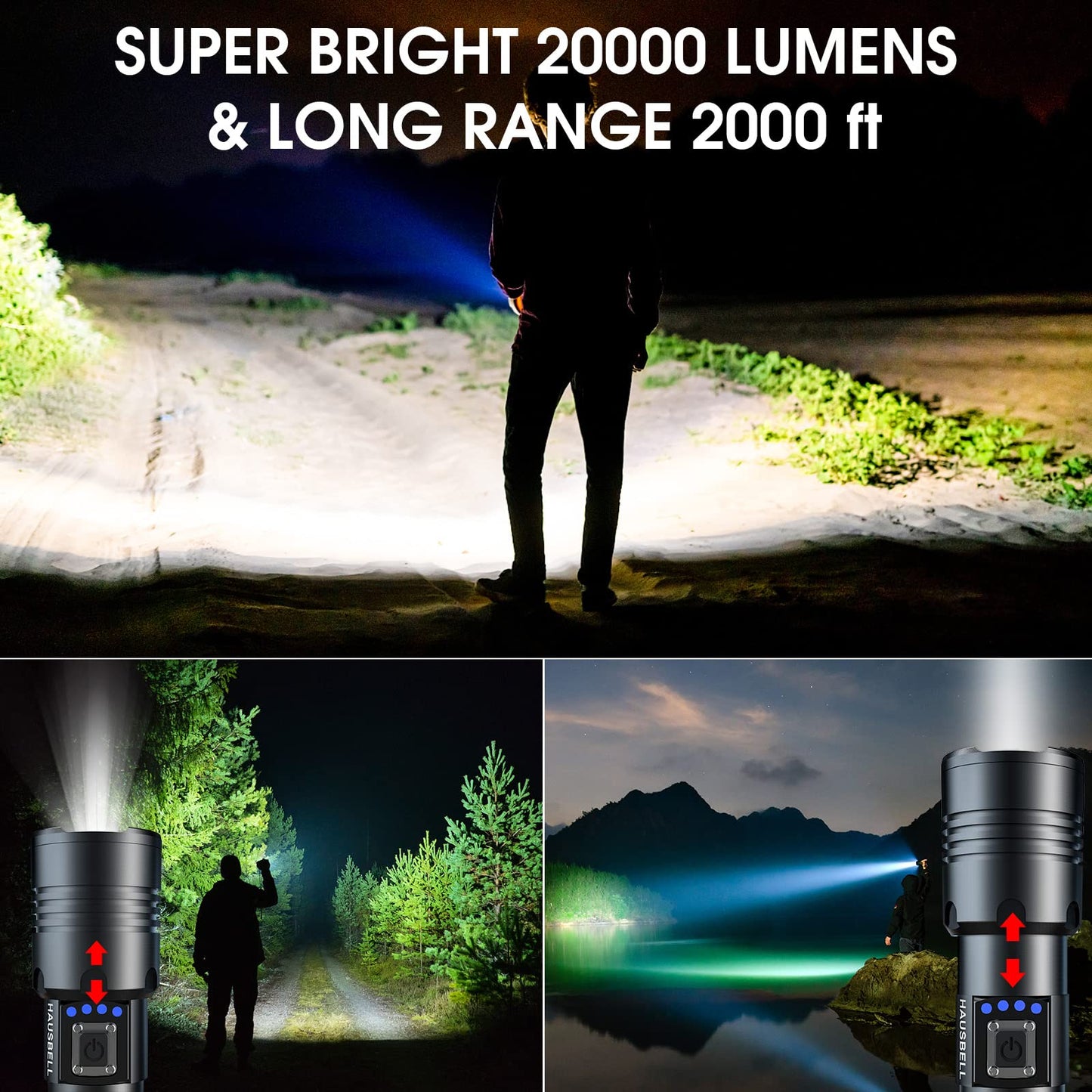HAUSBELL A100 LED Flashlight, 20000 High Lumens, Zoomable, Waterproof, Tactical, Black, A100 Model