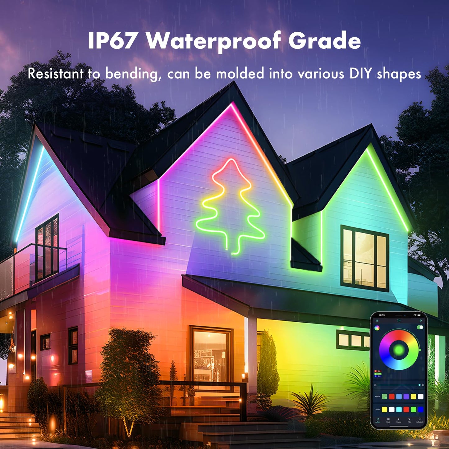 MFWW Neon Rope Lights, 66FT RGB LED Strip, App & Remote Control, IP67 Waterproof, Music Sync, Multicolor, Model TongYan612NHHC-2x10M