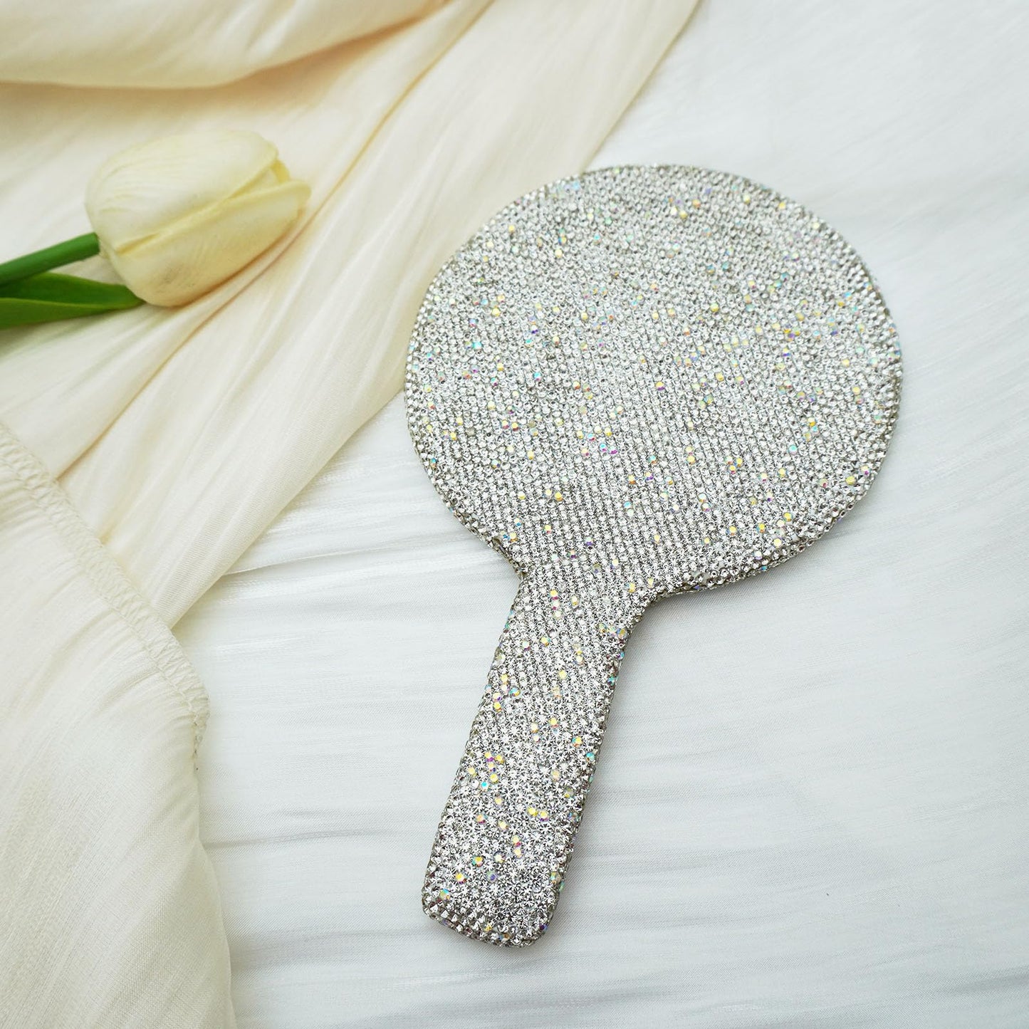 Frinnovan Large Rhinestone Handheld Mirror Bling Glitter Cosmetic Dazzling Portable Hand Mirrors with Handle for Women Wedding S