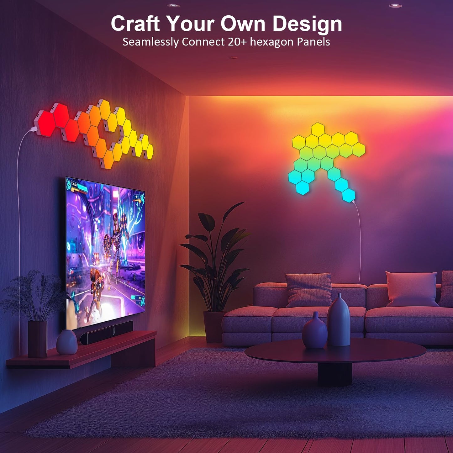 Hexagon LED Light Panels 8 Pack – RGB Wall Decor Lights with Music Sync, App & Remote – Modular Room Decor for Bedroom, Living Room, Gaming Setup, Gifts
