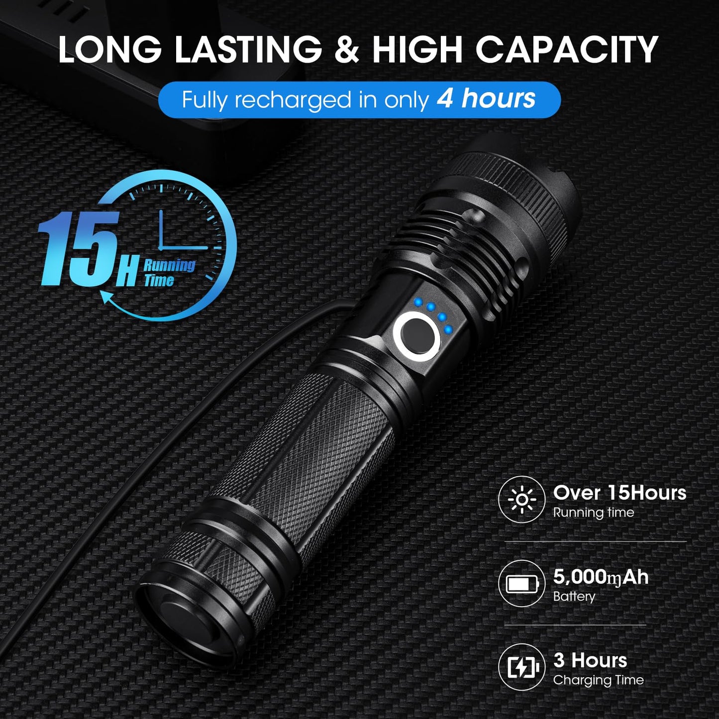 ALSTU Rechargeable Flashlight 99,000LM LED Super Bright Waterproof Handheld L-3P Black Model M082