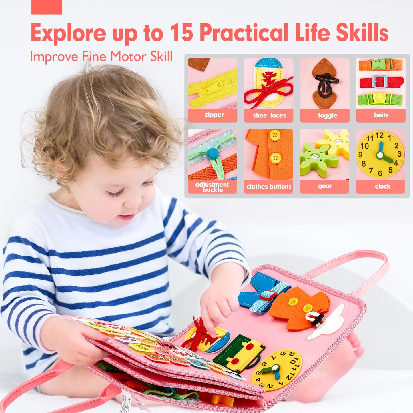 hahaland Toddler Busy Board Montessori Toys, 3 Year Old Girl Gifts Preschool Educational Learning Toys with Life Skills, Alphabet, Number, Shape, Color, Toddler Girl Stocking Stuffers Travel Busy Book