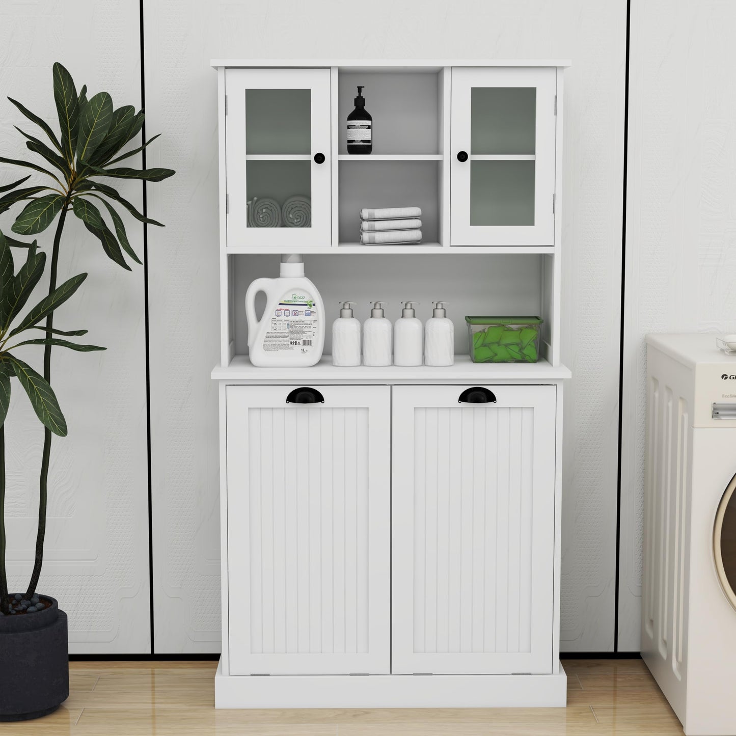 Knocbel Tilt-Out Laundry Sorter with 2 Removable Bags and Adjustable Shelves, Tall Bathroom Floor Cabinet Laundry Hamper (White 59")