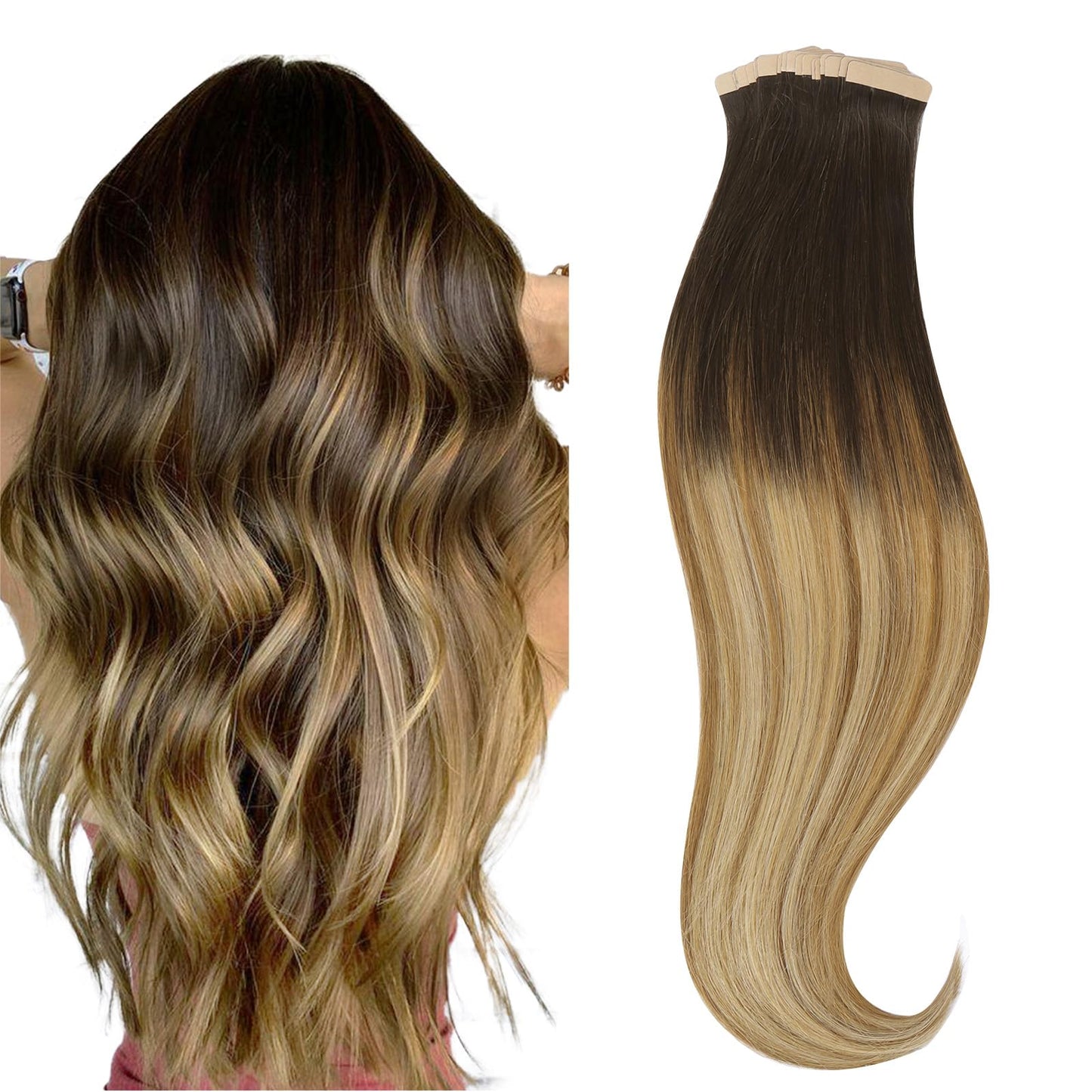 hotbanana Tape in Hair Extensions, 12 Inch Tape in Hair Extensions Human Hair 20pcs 40g Dark Brown to Light Brown and Ash Blonde
