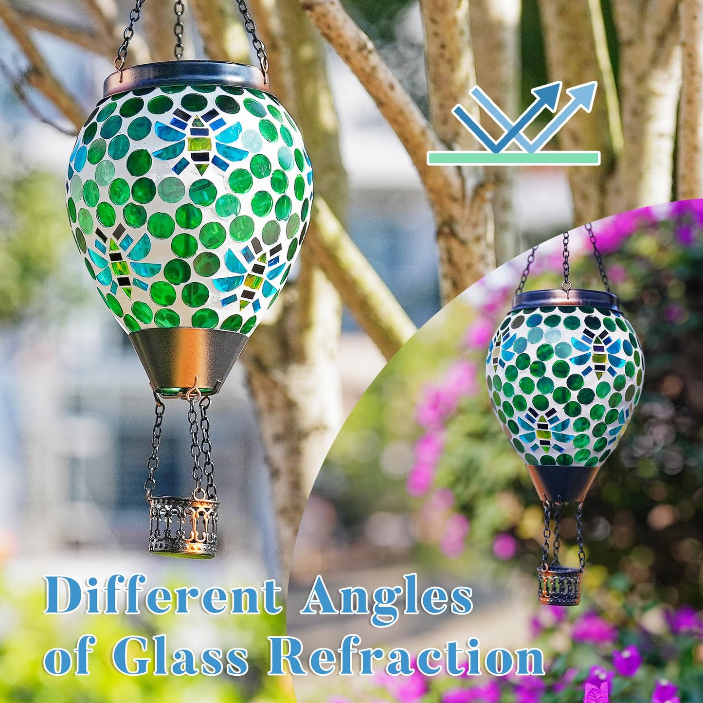 Dreamskip Bee Solar Hot Air Balloon Lantern Outdoor Waterproof  Green Mosaic Glass Hanging Solar Lantern Lights  Outdoor Hanging Lights For Patio Yard Garden Gift For Mom Grandma Women