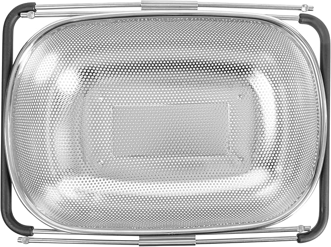 Restaurantware Colander 1 Count 5.5 qt Dishwasher-Safe Stainless Steel Coarse Mesh Colander with Over-The-Sink Expandable Handles Kitchen Strainer Basket for Pasta, Fruits, and Vegetables