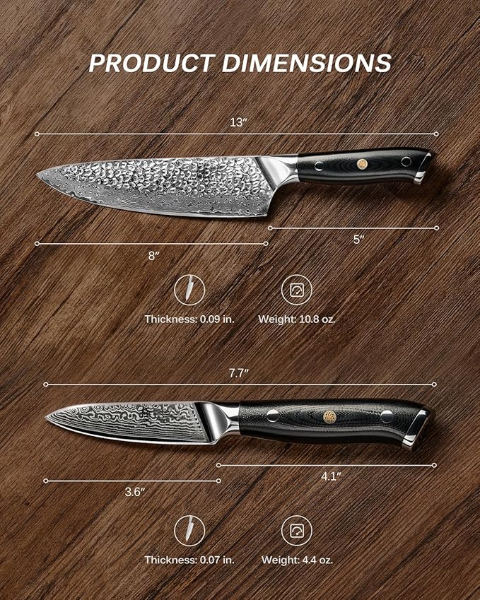 KYOKU Knife Set, Shogun Series 2pc Japanese Style Kitchen Knife Set, 8" Chef 3.6" Paring Knife with Sheath Gift Box, Professional Sharp Damascus Stainless Steel Knives for Meat Vegetable Fruit