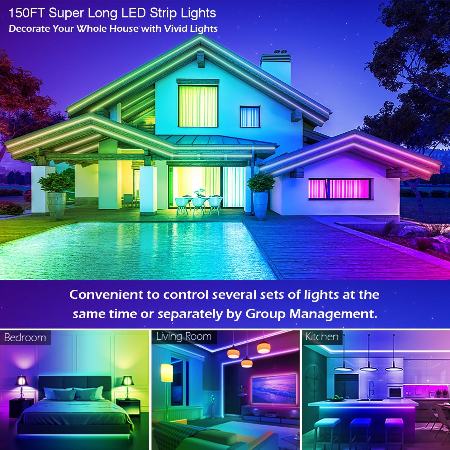 Letianpai Led Strip Lights 150Ft, Music Sync Rgb Color Changing, Bluetooth App Control, Remote Included For Bedroom And Party