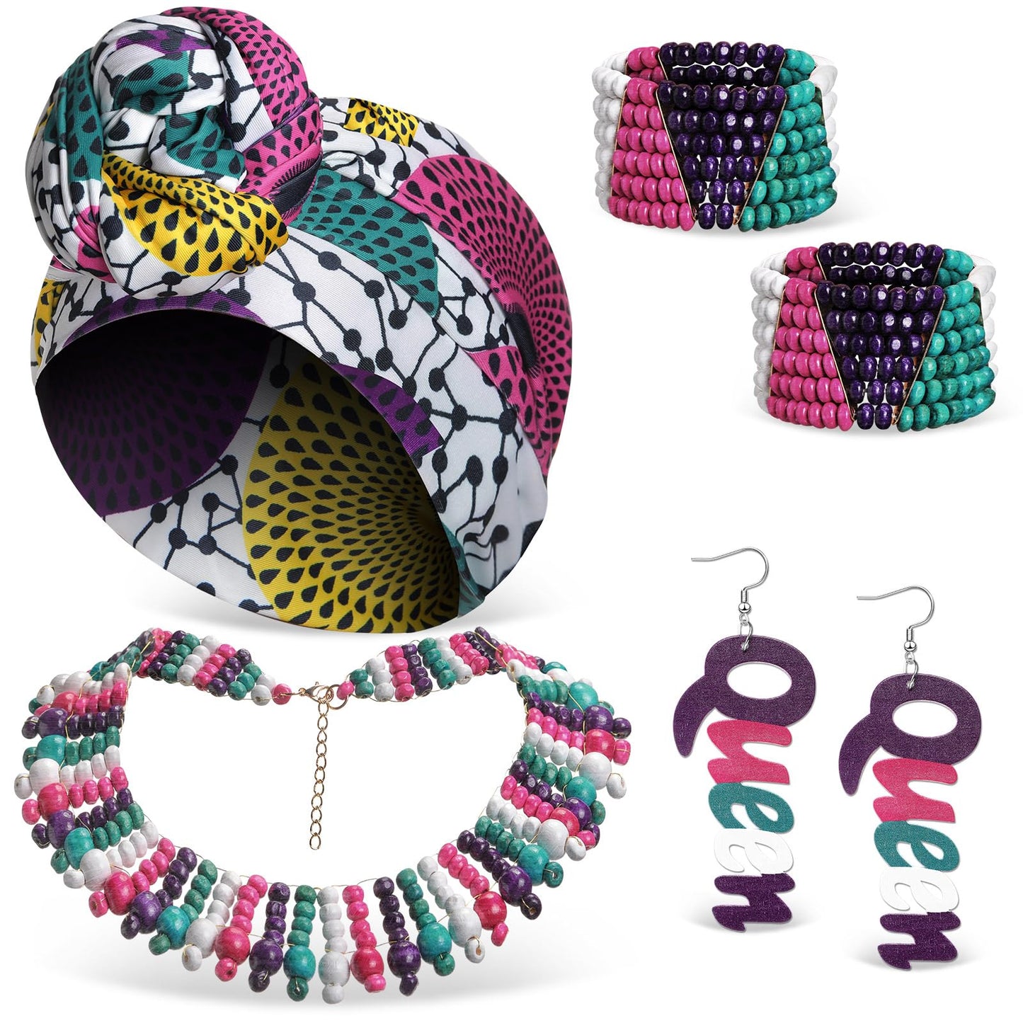 Yinkin 5 Pcs Jamaica Women's African Headband Jewelry Earrings Multicolor Beaded Jamaican Bracelet Headwraps Set Beaded Set Stre