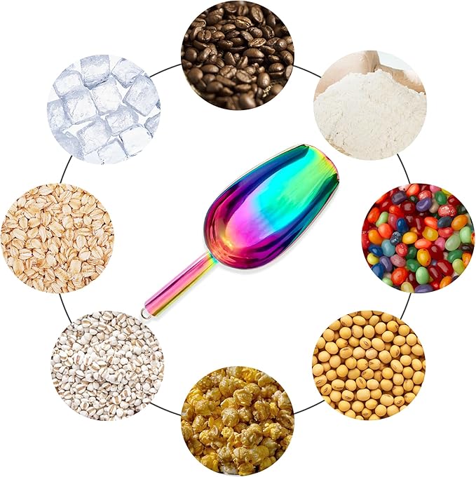 Metal Ice Scoop，Kitchen Ice Scooper for Ice Maker,Stainless Steel Small Ice Scooper for Freezer，Kitchen Gadgets Cookie Flour Pet Dog Food Scoop (Rainbow, 3 OZ)