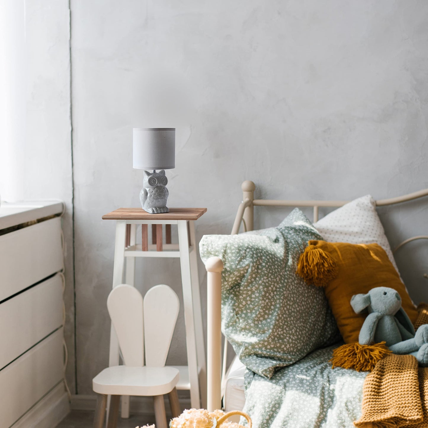 Simple Designs Lt1136-Gry Gray Ceramic Owl Table Lamp 12.8 With Fabric Shade For Bedroom, Living Room, Nursery