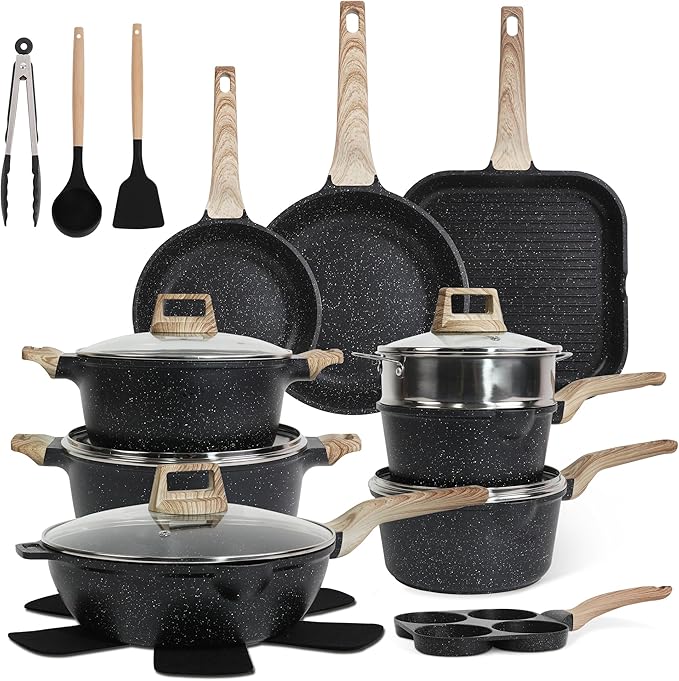 23-Piece Nonstick Pots and Pans Set – Granite Cookware Set, PFOA-Free – Includes Frying Pans, Saucepans, Griddle, Egg Pan – Induction, Gas, Electric Compatible – Black