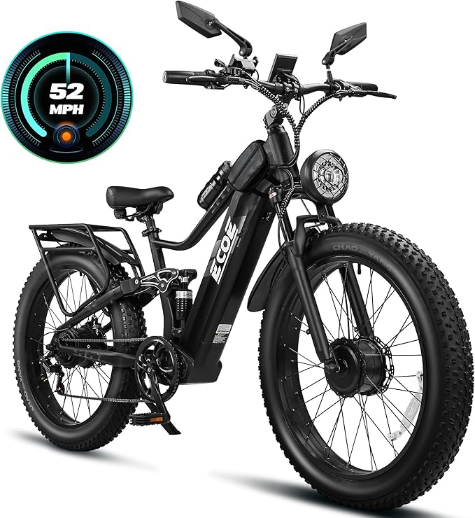 EcoE 6000W/5000W Dual Motor Electric Bike for Adults 52MPH with 60V32A, 26x4 Fat Tire All Terrain Ebikes, Full Suspension ...