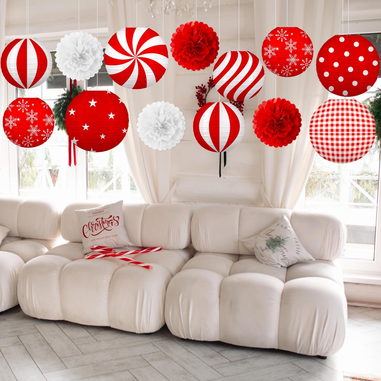 Renbuzhu 13Pcs Christmas Decorations Ornaments Set - 9 Red White Hanging Paper Lanterns  4 Pom Poms For Indoor  Home  Xmas Party  Porch Decor