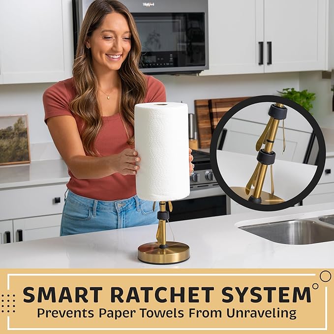 Dear Household Stainless Steel Paper Towel Holder Easy One-Handed Operation - This Sturdy Weighted Paper Towel Dispenser Countertop Model Has Suction Cups and Holds All Paper Towel Rolls - Gold