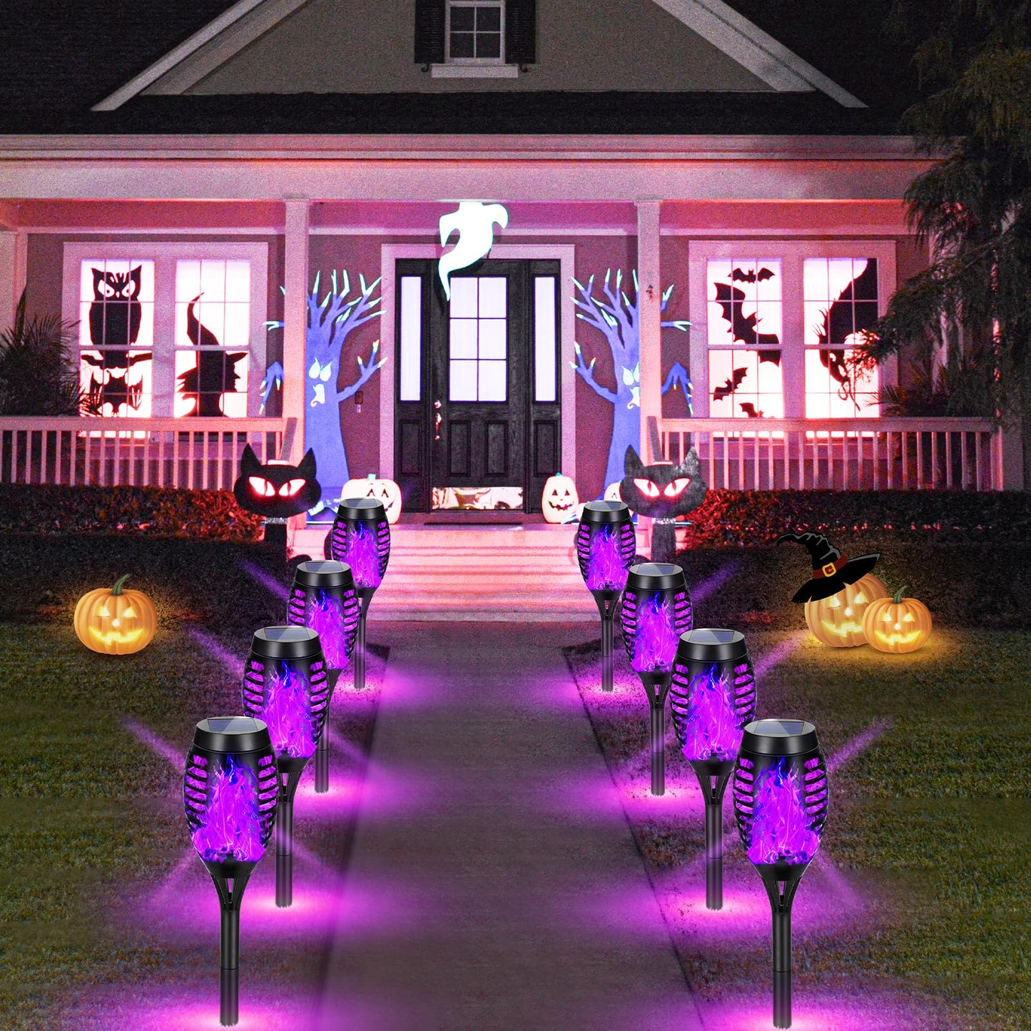 AOUNQ Solar Torch Lights Outdoor, 10 Pack Purple Flickering Flame, Waterproof Tiki Torches for Garden Decor, Model AO-USA 03-10P
