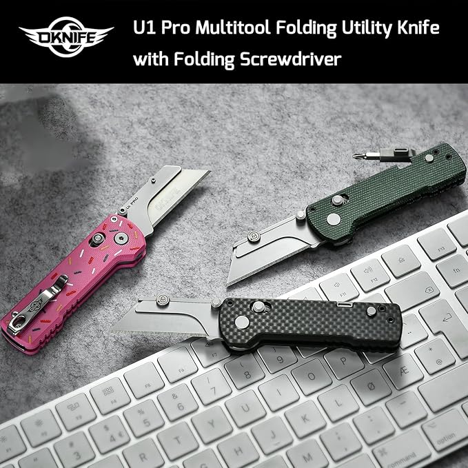 OKNIFE U1 Pro Multitool Folding Utility Knife with Folding Screwdriver, Quick Change Blade, Rail Lock & Pocket Clip for Men and Women (Carbon Fiber Overlay）