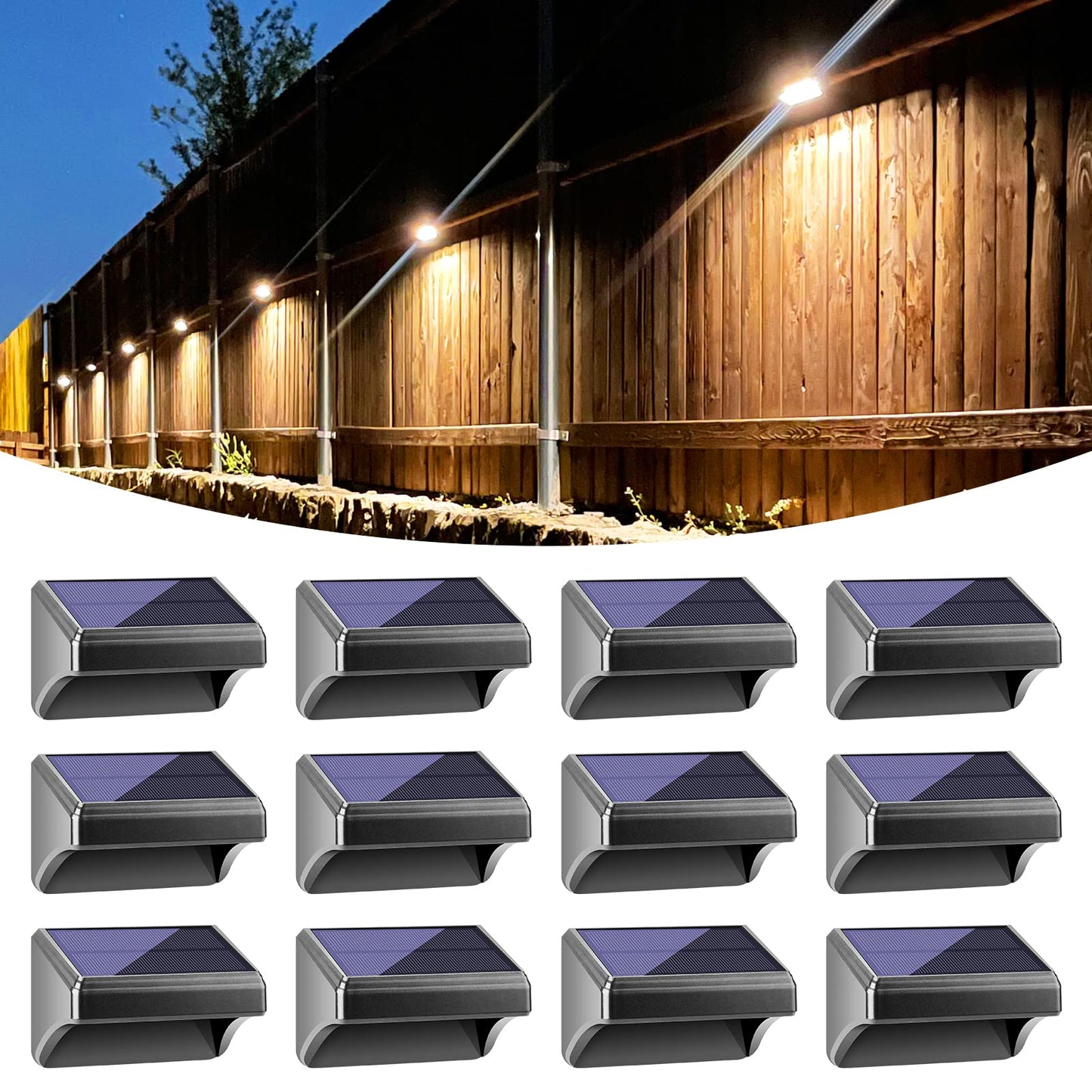 Bridika Solar Fence Lights, 12 Pack Waterproof Outdoor Wall Lights, Warm & Cool White, Plastic, Model Qs31038