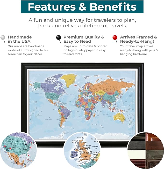 Push Pin Travel Maps - Blue Oceans World - Solid Wood Cherry Framed Pin Map for Tracking Your Travels - 27.5" x 39.5" - 8 Handcrafted Frame Options - Made in USA - Ideal for Any Traveler