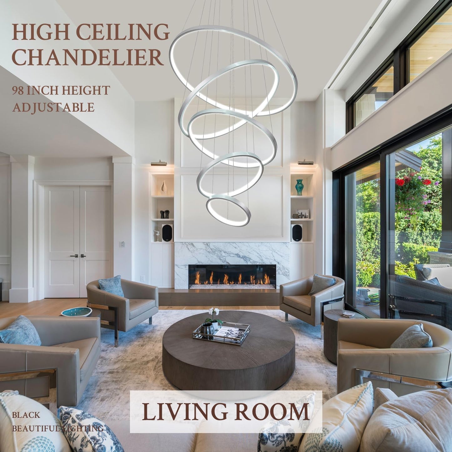 Sparklelf LED Chandelier, 5 Rings, Dimmable, 23.6in, Silver, Model P16-5SDC1, Modern Pendant Lighting for Foyer and Living Room
