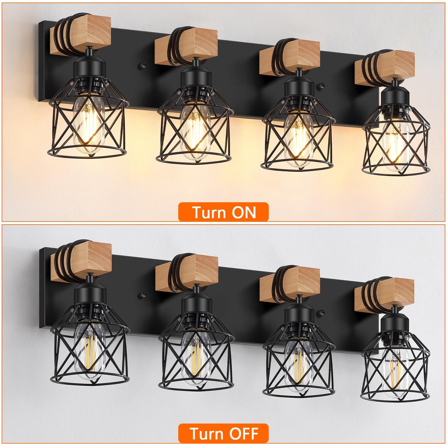 Fadimikoo 4-Light Rustic Wood Bathroom Vanity Light, Black Metal Cage Sconces, Model Fbd-07, Ideal For Hallway & Bedroom