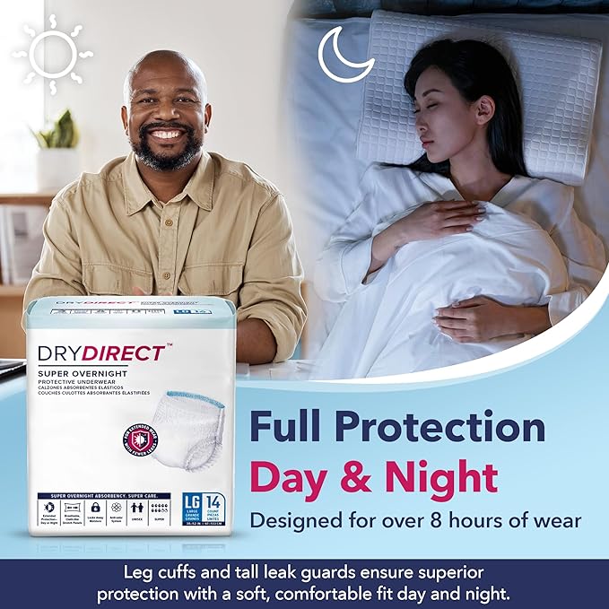 Dry Direct Super Overnight Underwear, Soft Cloth-Like Adult Diapers, Overnight Disposable Incontinence Protection - X-Large (Pack of 14)