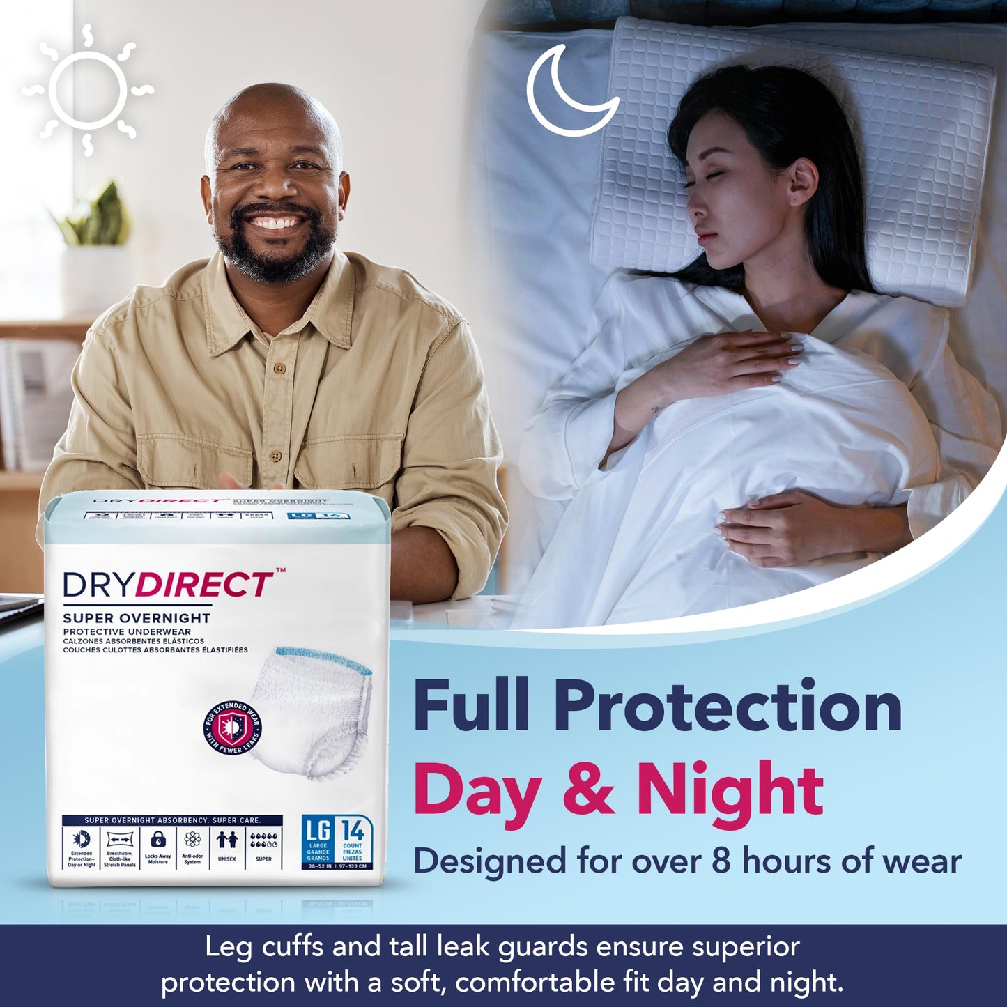 Dry Direct Super Overnight Underwear, Soft Cloth-Like Adult Diapers, Overnight Disposable Incontinence Protection - X-Large (Pack of 14)