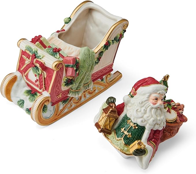 Fitz and Floyd Santa Crimson Holiday Ceramic Cookie Jar, Christmas Treat Kitchen Countertop Storage Jar with Removable Lid, 10 Inch