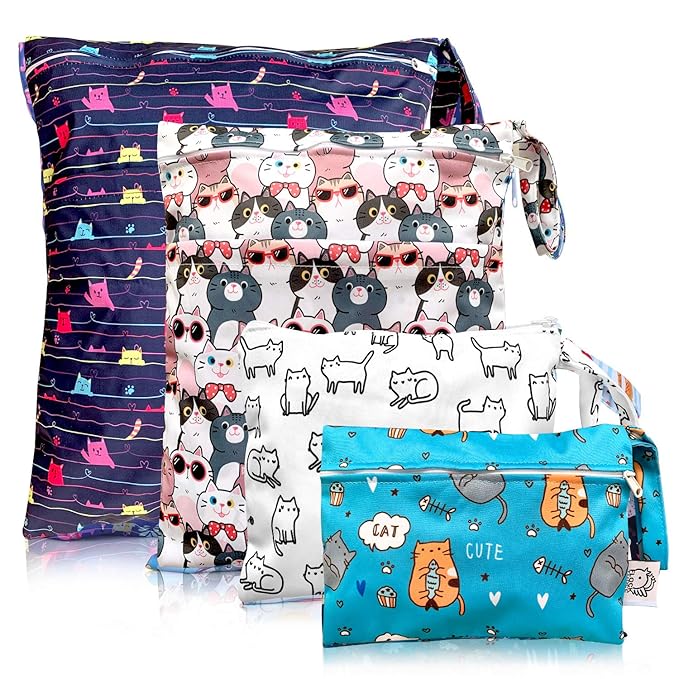 FLOCK THREE 4pcs Waterproof and Reusable Wet Bag Diaper Stroller Water Resistant Swimsuit Travel Toiletries Yoga Gym Washable Carrier Small Medium Large Cat 4 Pack