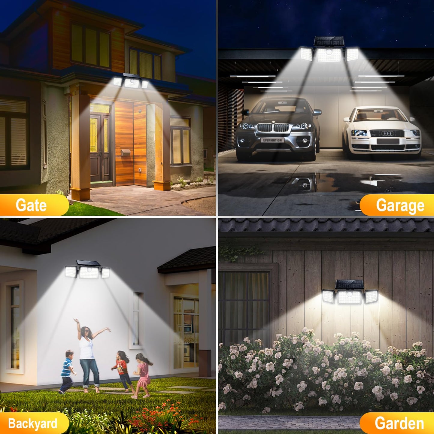MIHANI Solar Flood Lights Outdoor, 2500LM Motion Sensor Security Lights with 270° Wide Angle, IP67 Waterproof, 3 Heads Solar Outdoor Lights for Patio, Yard, House, Garage (Non-Remote, 2 Pack)