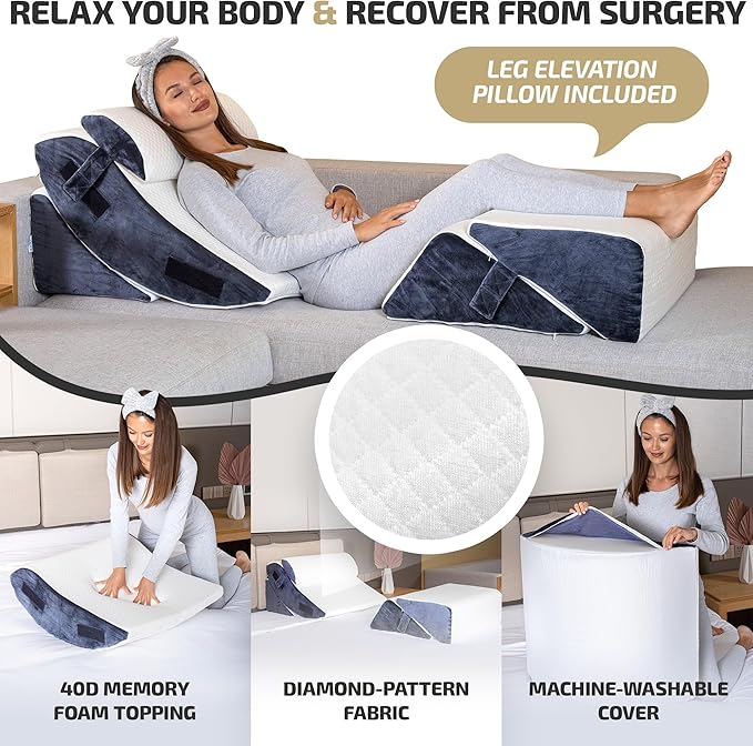 5pcs Orthopedic Bed Wedge Pillow Set w/Leg Elevation Pillow - Perfect Adjustable Memory Foam Pillows for After Surgery Recovery, Back Support, Pain Relief, Acid Reflux, Sleeping & GERD